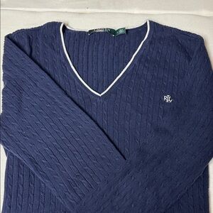 EUC Vintage Ralph Lauren Navy Sweater with white details around neck and sleeve